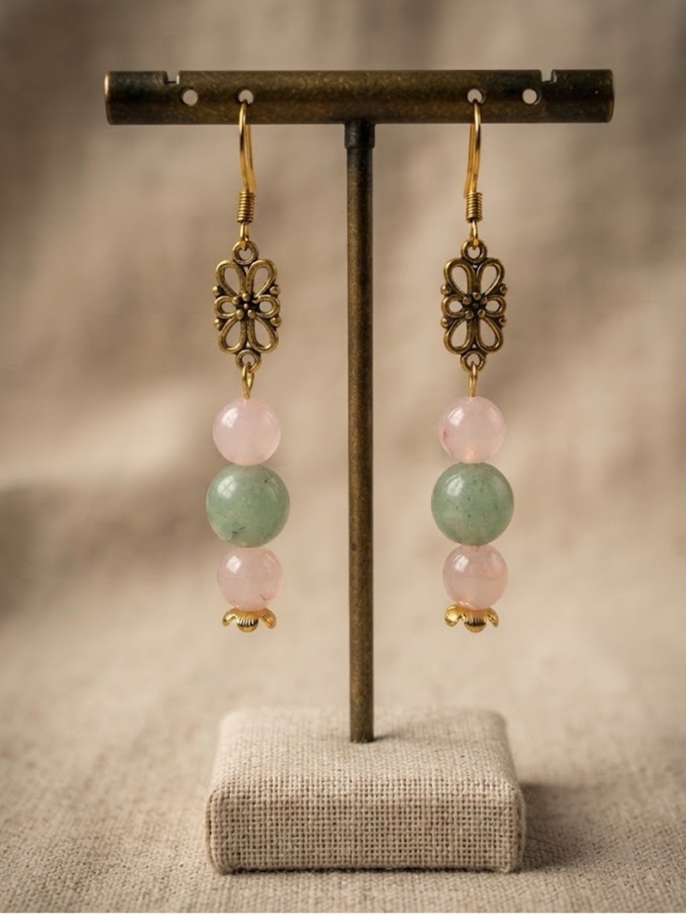 Artisan Rose Quartz & Jade Drop Earrings - Gold Over 925 Hooks 🧁